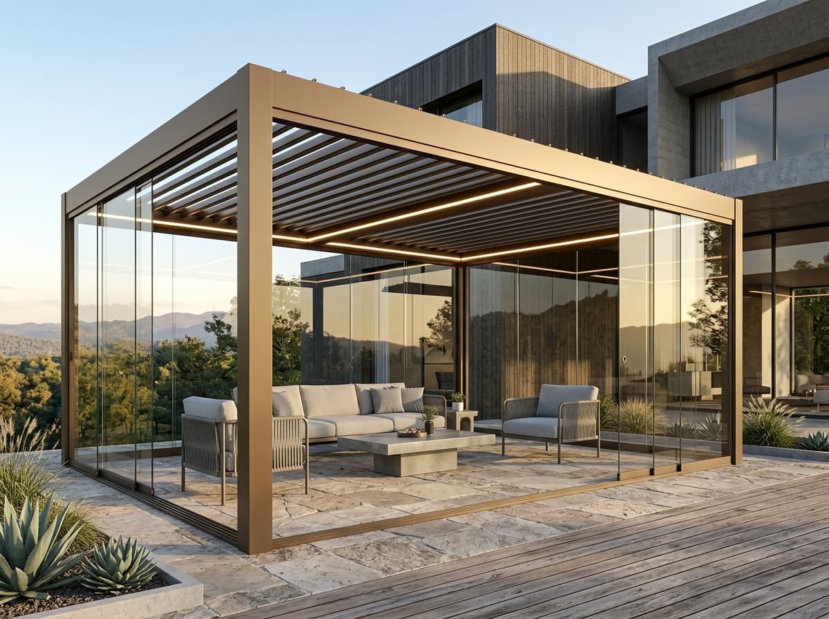 Urla'da bir villa terasına kurulmuş bioklimatik pergola sistemi